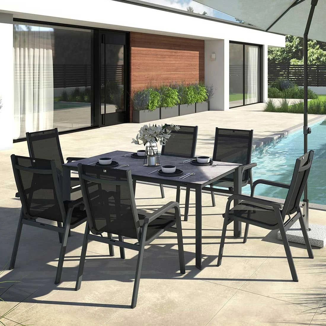 Kettler Basic Plus Gartenmöbelset 7-tlg.+Tisch 160x95cm Anthrazit 2 Kettler Basic Plus Gartenmöbelset 7-tlg.+Tisch 160x95cm Anthrazit – Bild 2